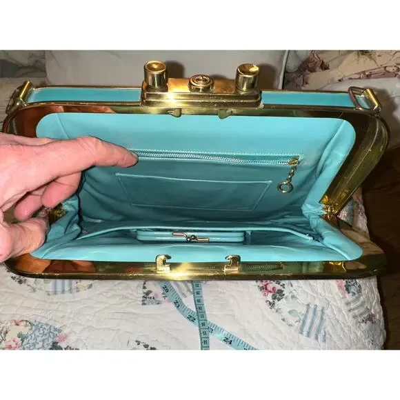 SHOWPIECE! NEVER USED VINTAGE 50's TEAL NEEDLEPOINT & PETITPOINT LEATHER BAG - Picture 5 of 14